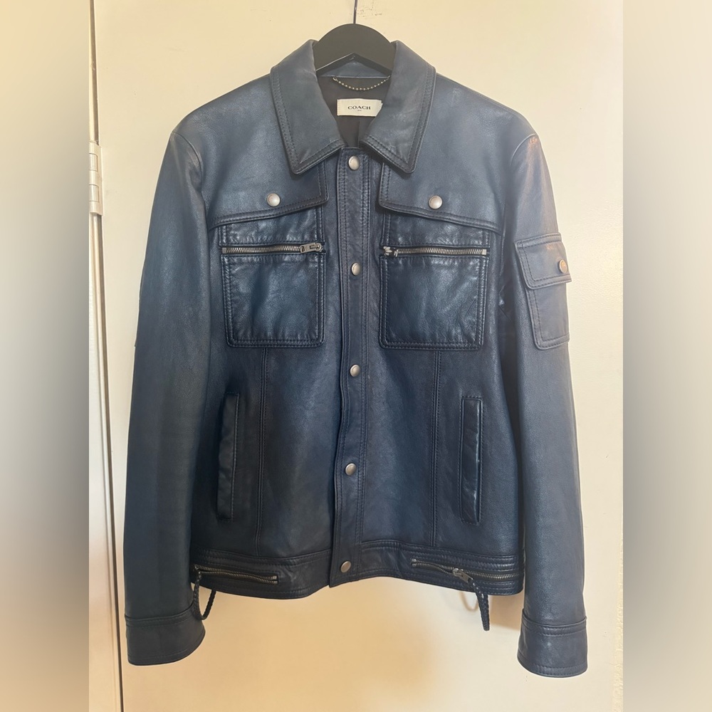 Coach Men's Dark Blue Leather Moto Jacket